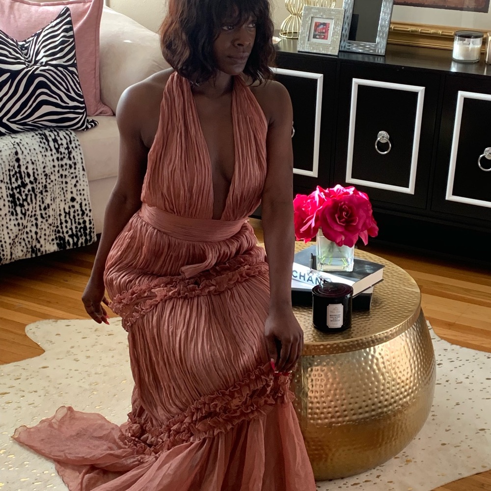 Blush Pleated Halter Chiffon Maxi Gown Dress